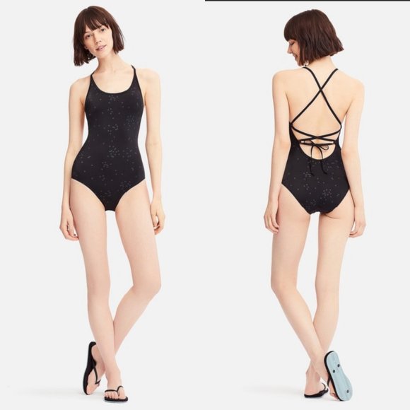 UNIQLO X TOMAS MAIER PALM TREE SWIMSUIT FOIL PATTERN LOW BACK BLACK SIZE L - Picture 1 of 7